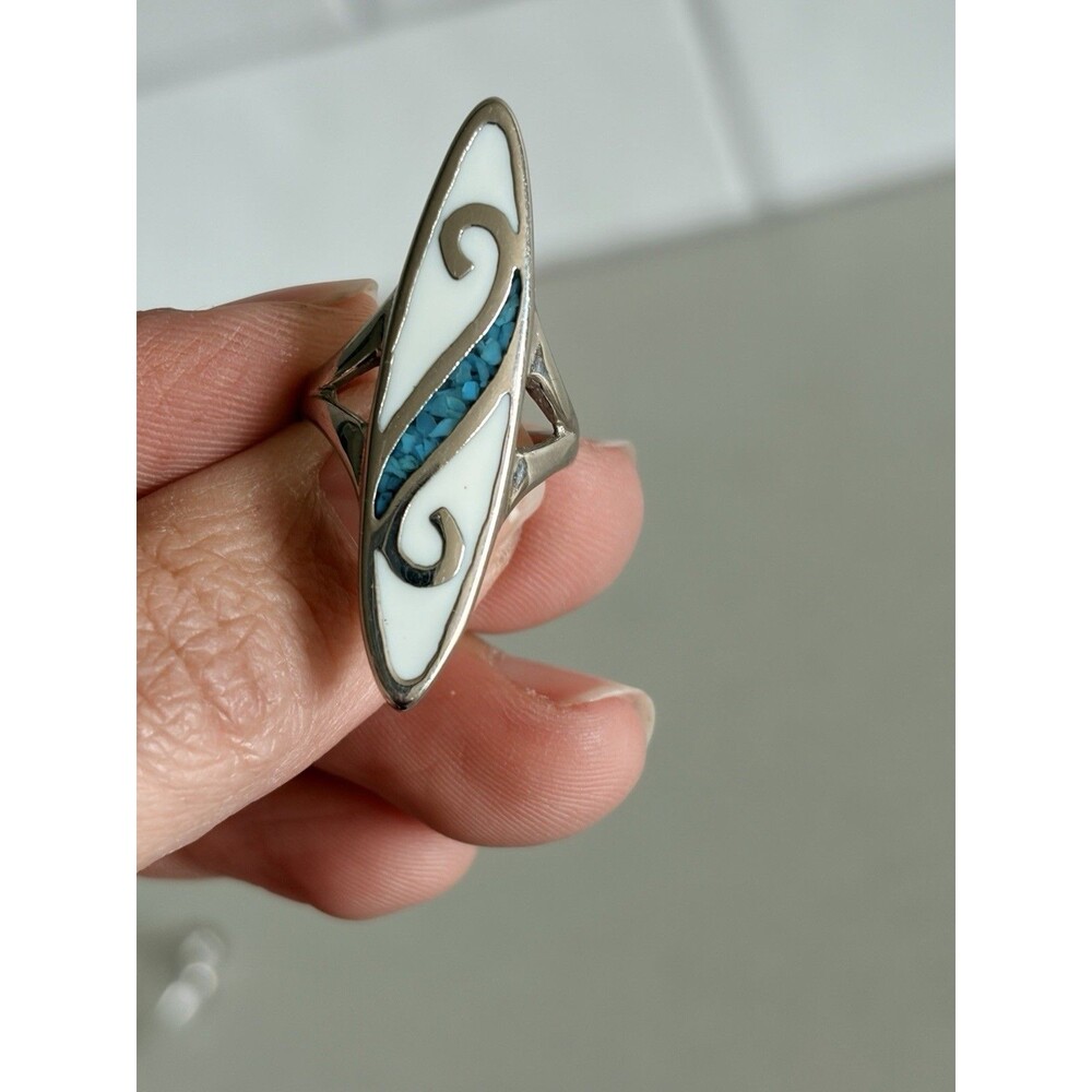 Vintage Russian Silver 84 Blue Turquoise And White  Enamel Ring Size 5 - Picture 2 of 5